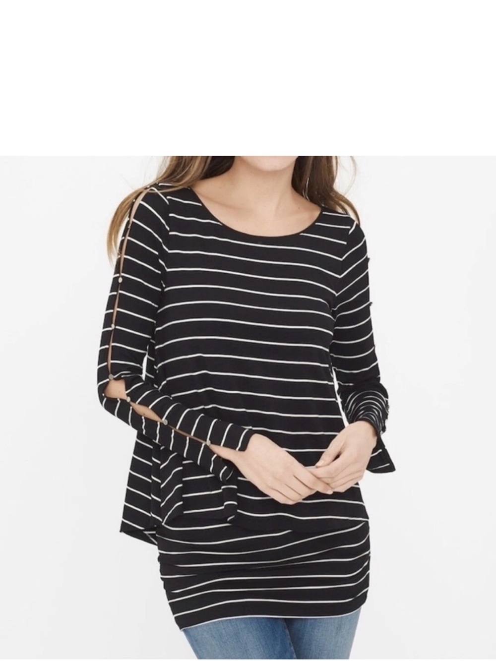 White House Black Market Black & White Striped Ladder-Sleeve Tunic